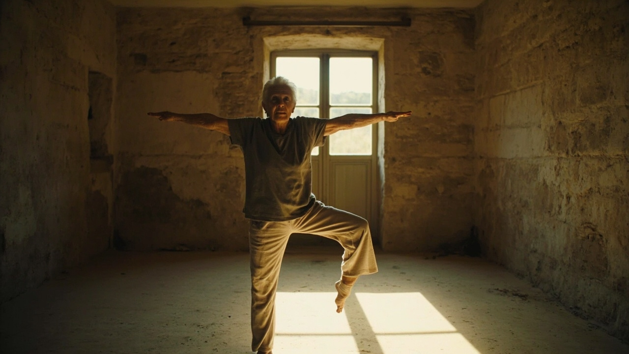 An elderly woman in simple clothing performing a standing yoga pose in a sunlit stone-walled room in a French village