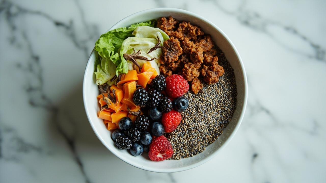 Overhead shot of a colorful breakfast bowl overflowing with chia seeds, berries, and cruciferous vegetables on a marble countertop