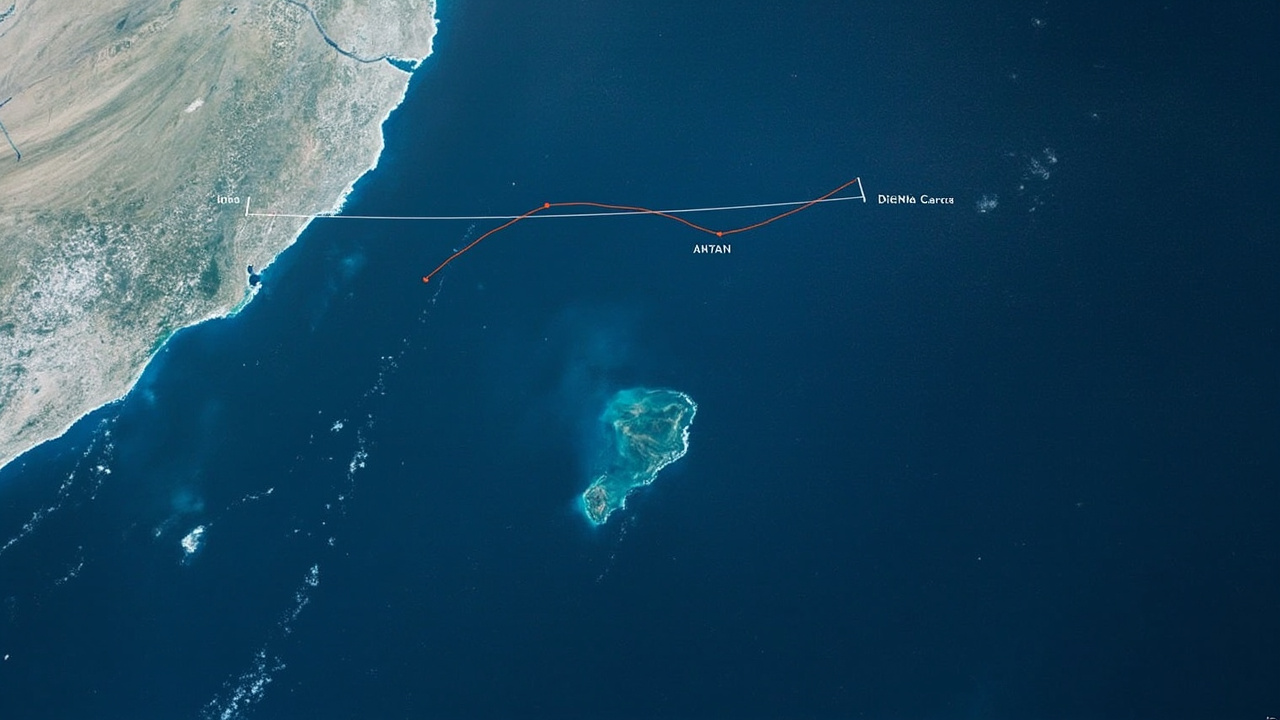 Satellite view of the Indian Ocean with Diego Garcia atoll visible and a missile trajectory arc illustrated from Iran