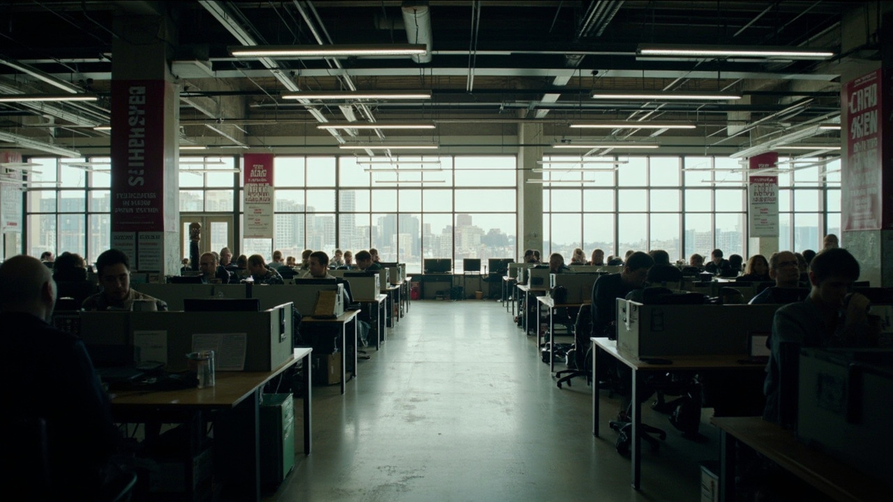 Open office floor plan in a modern San Francisco tech building with rows of empty desks and hiring banners