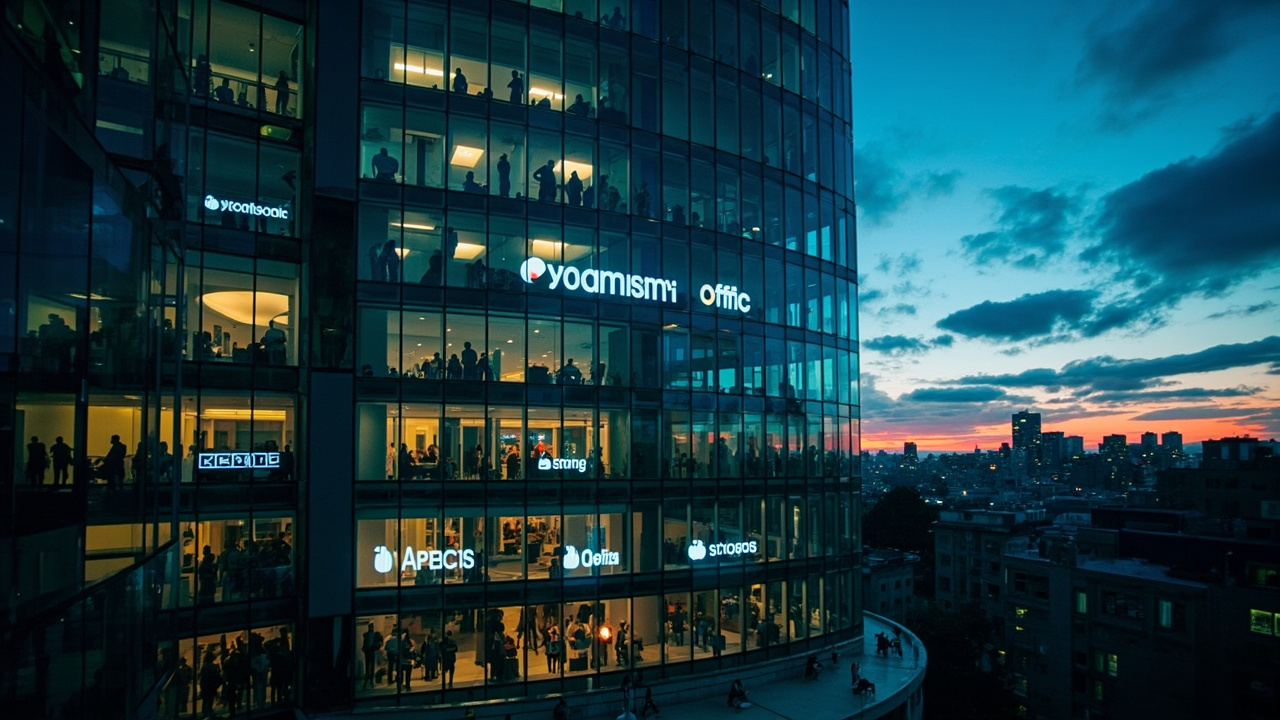 A glass-walled San Francisco office building at dusk with multiple startup logos visible on different floors and the city skyline behind