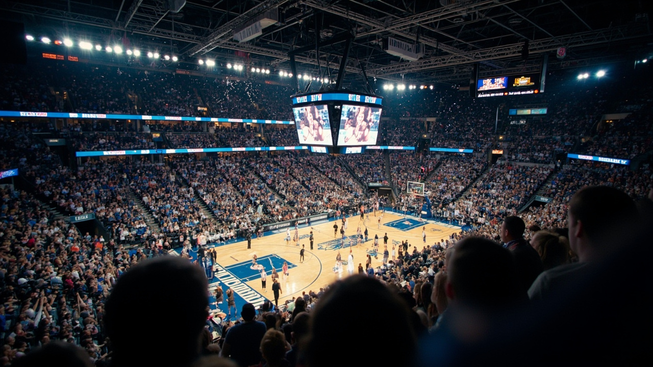 Wide angle of a packed women's college basketball arena during March Madness with fans on their feet and confetti in the air