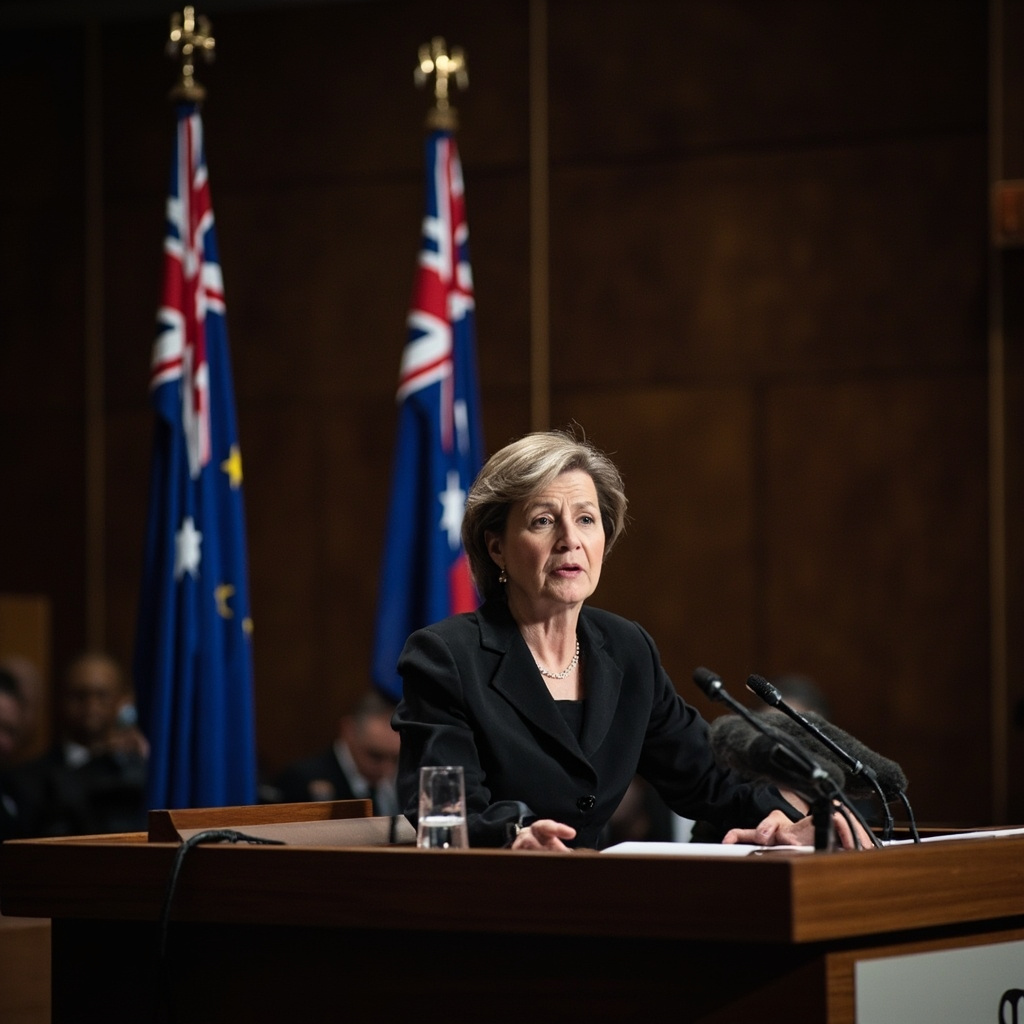 European Commission president at a podium in the Australian Parliament House speaking into microphones with EU and Australian flags behind her