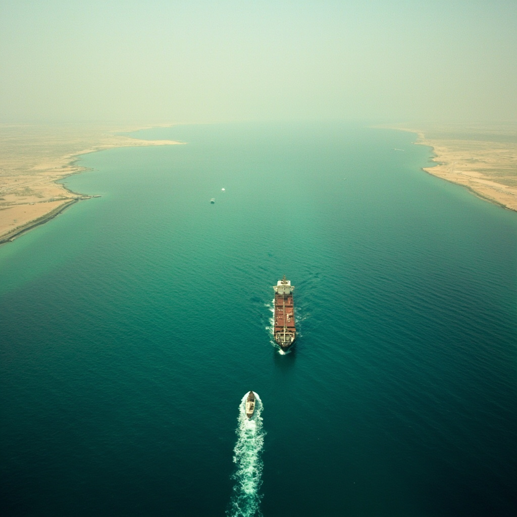 An aerial view of two large tanker ships navigating narrow turquoise waters between arid brown coastlines under hazy skies