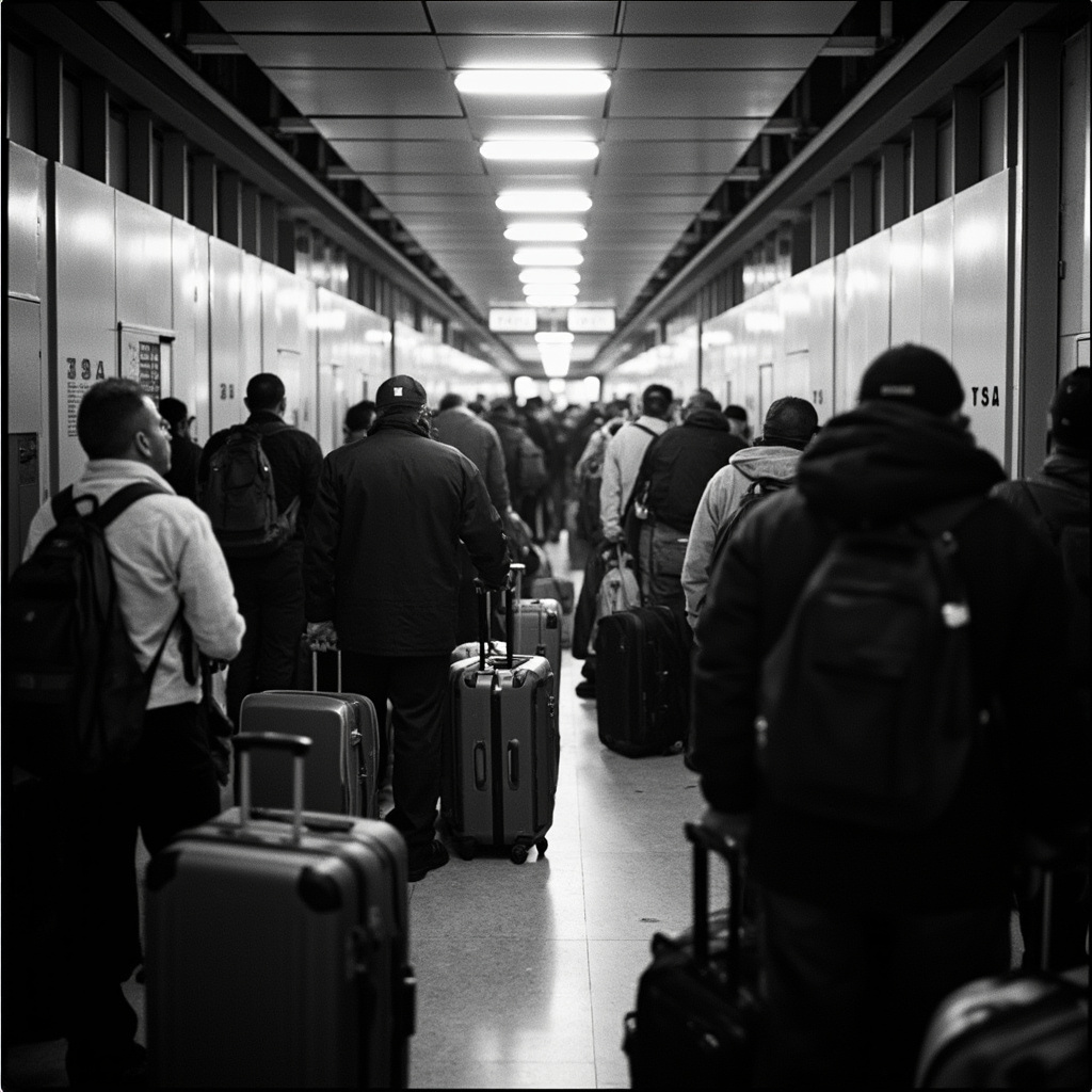 A long winding TSA security line at a US airport terminal with travelers standing with luggage and overhead fluorescent lighting