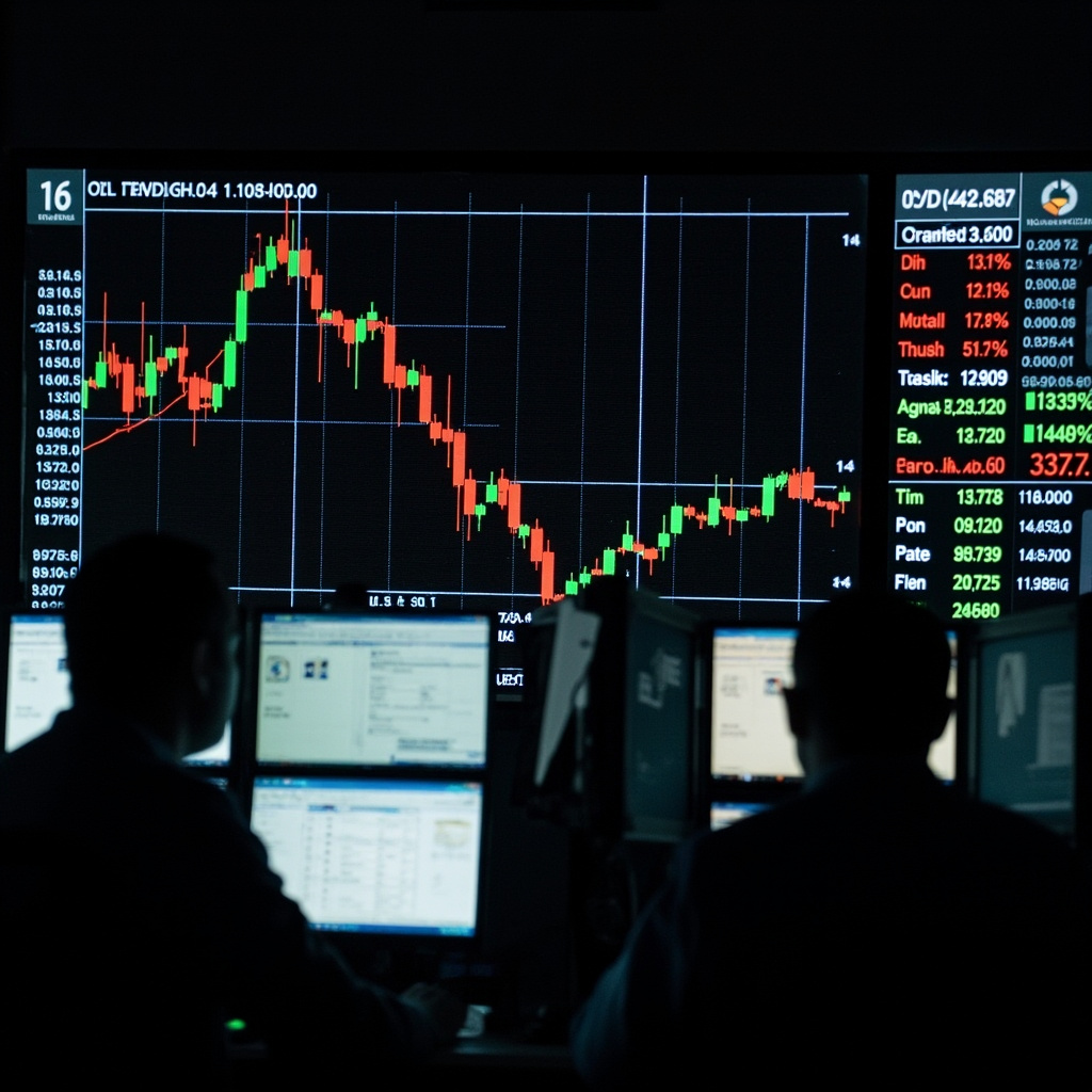 A digital oil futures trading screen showing a sharp red plunge followed by a partial green recovery, with traders visible in silhouette