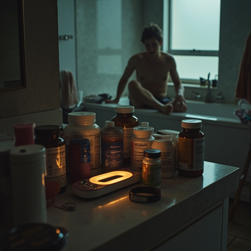 A bathroom countertop overflowing with supplement bottles, a sleep tracker, a glucose monitor, a meditation app on a phone, and a person sitting on the edge of a bathtub looking exhausted
