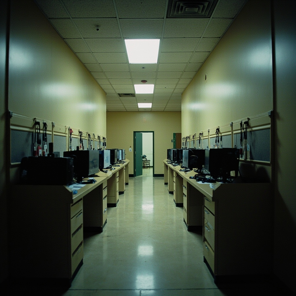 The Pentagon's Correspondents' Corridor with empty desks, disconnected monitors, and press credential lanyards hanging from hooks, the hallway lights dimmed