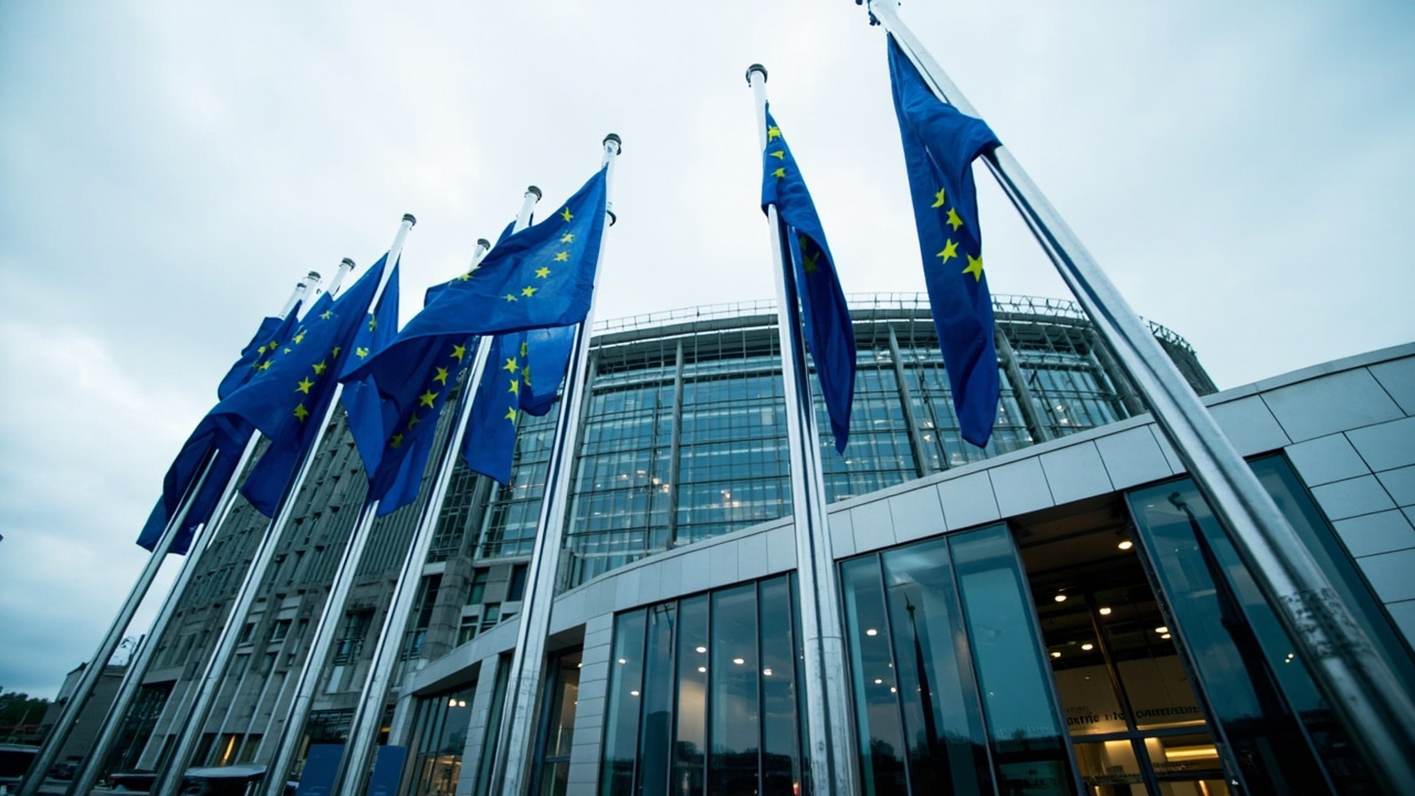 The European Commission headquarters in Brussels with EU flags at half-staff under overcast skies