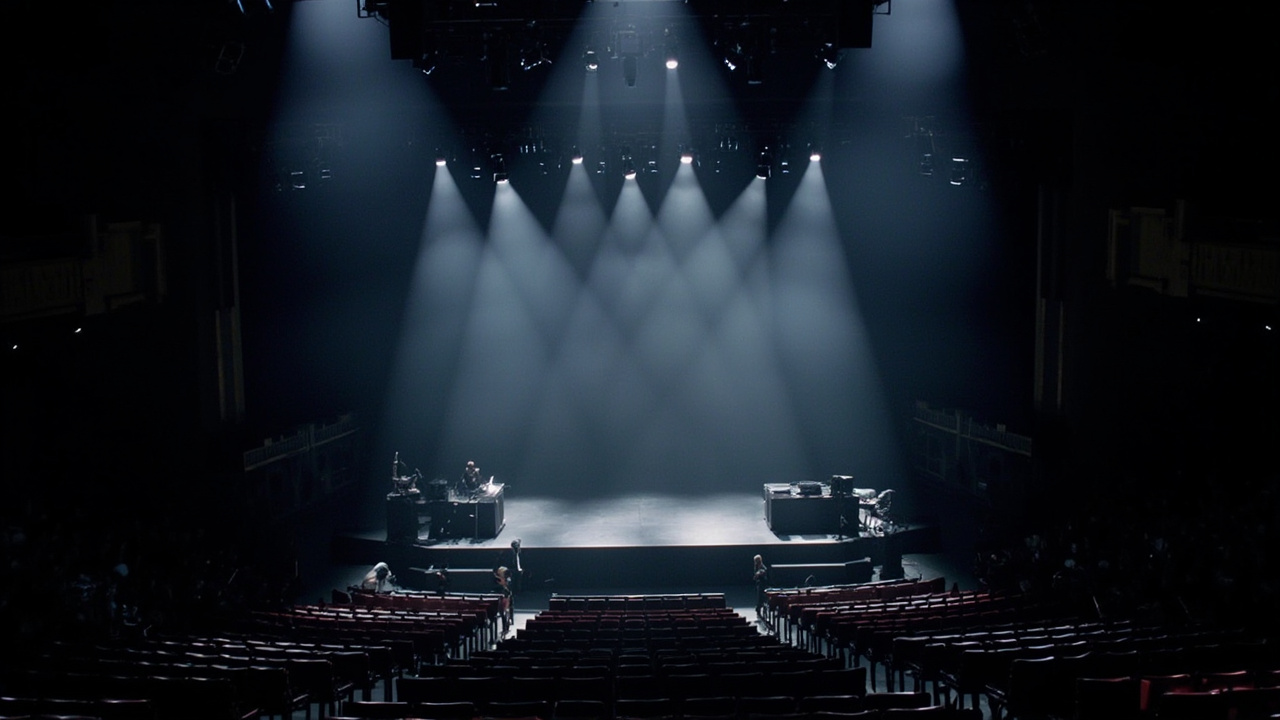 A massive concert stage at the Dolby Theatre in Los Angeles with dramatic lighting rigs and an empty audience floor being prepared for a live broadcast