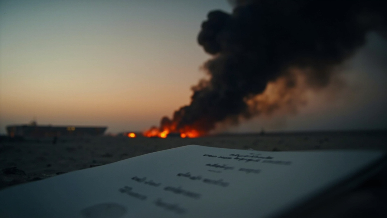 Smoke rises over a military installation in the Persian Gulf at dusk, with a diplomatic document superimposed in the foreground