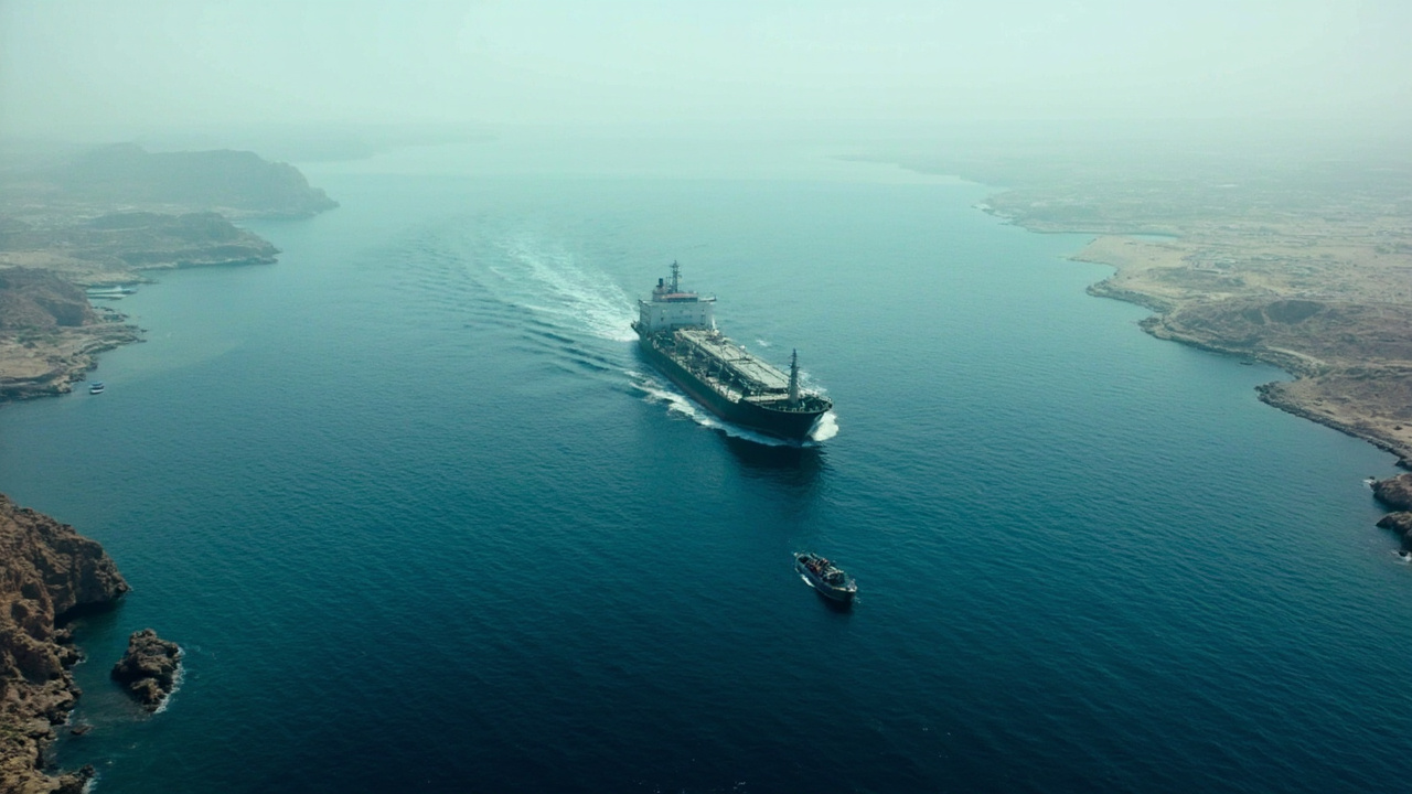 An oil tanker passes through the narrow Strait of Hormuz with the Iranian coastline visible in the background