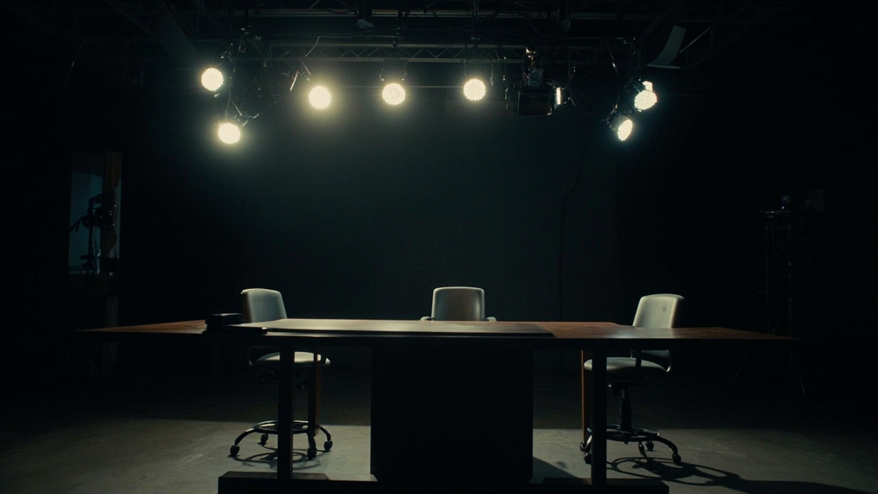 An empty local television news anchor desk with two vacant chairs under studio lights, cameras unmanned and monitors dark in the background