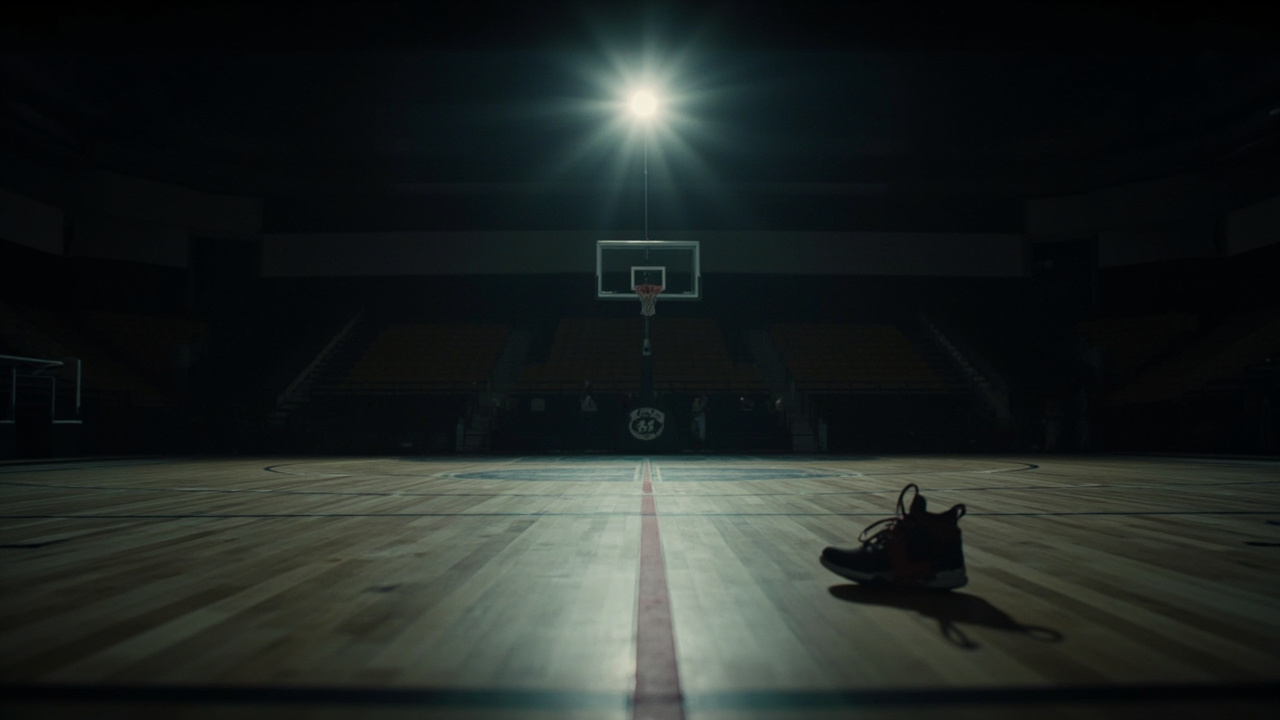 An empty basketball court with a single spotlight illuminating the free throw line and a pair of sneakers left behind on the hardwood