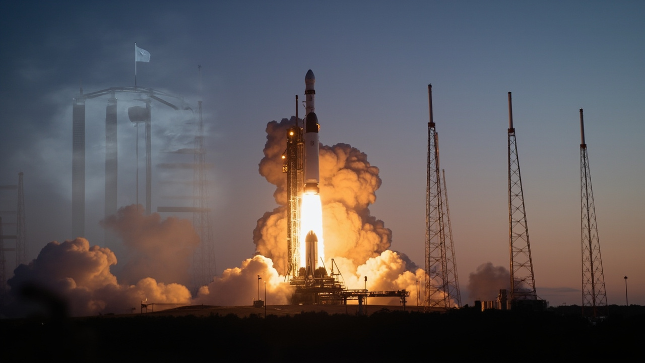 A SpaceX Falcon 9 rocket on the launch pad at dusk with the SEC building superimposed in the background