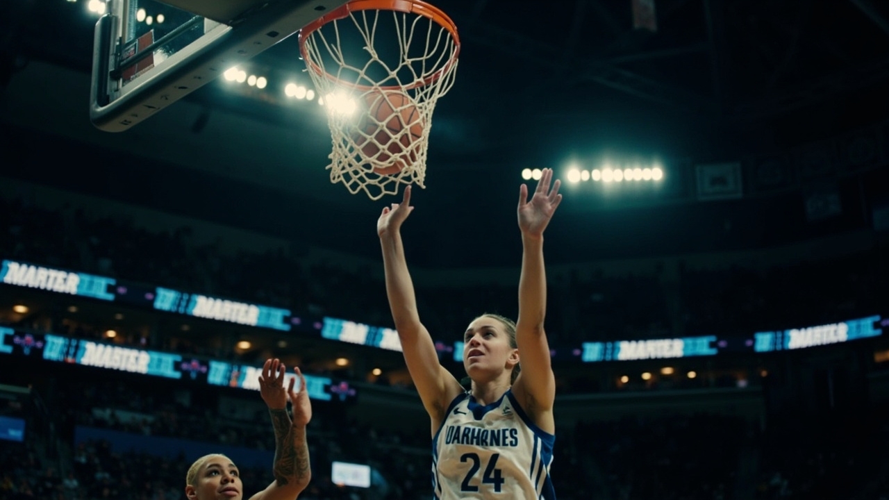 A women's basketball player driving to the basket under bright arena lights with March Madness banners in the background