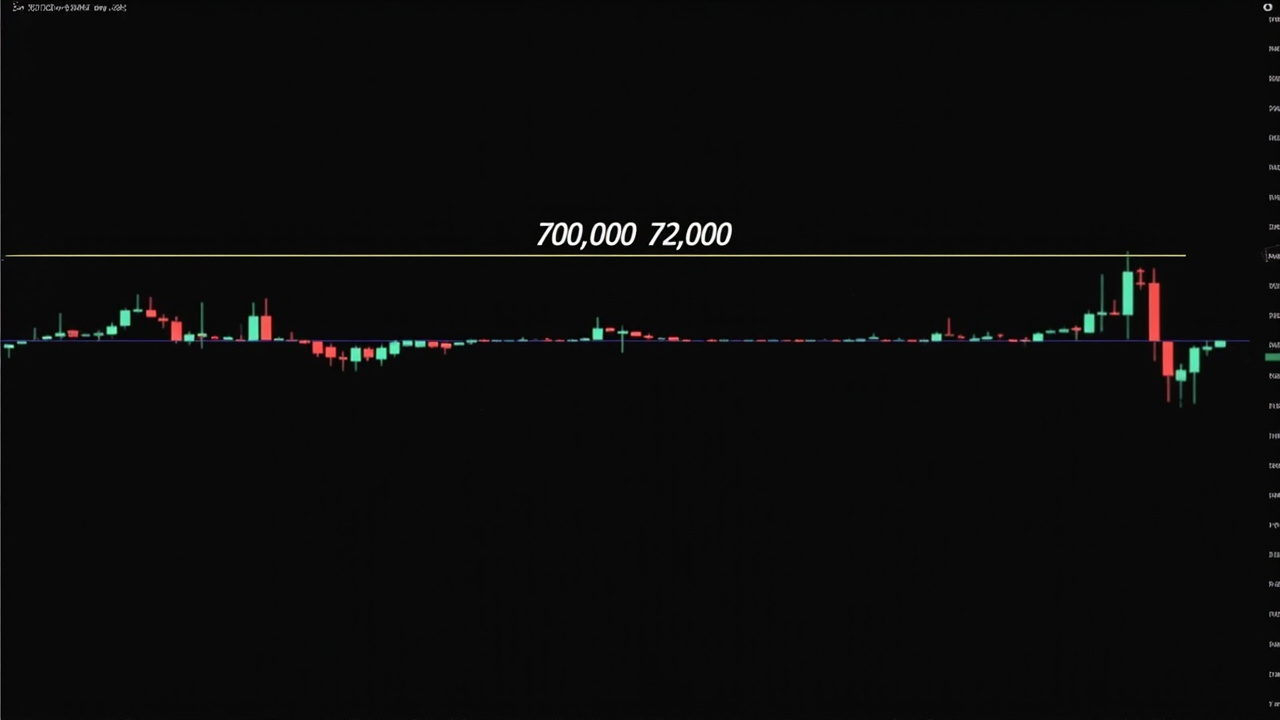Bitcoin price chart on a trading terminal showing a flat consolidation pattern between 70,000 and 72,000