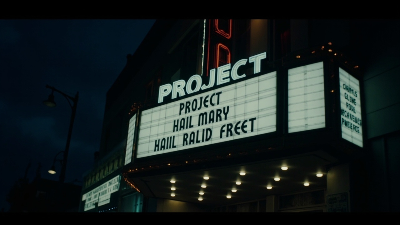 A movie theater marquee at night with the title Project Hail Mary illuminated in white letters against a dark sky