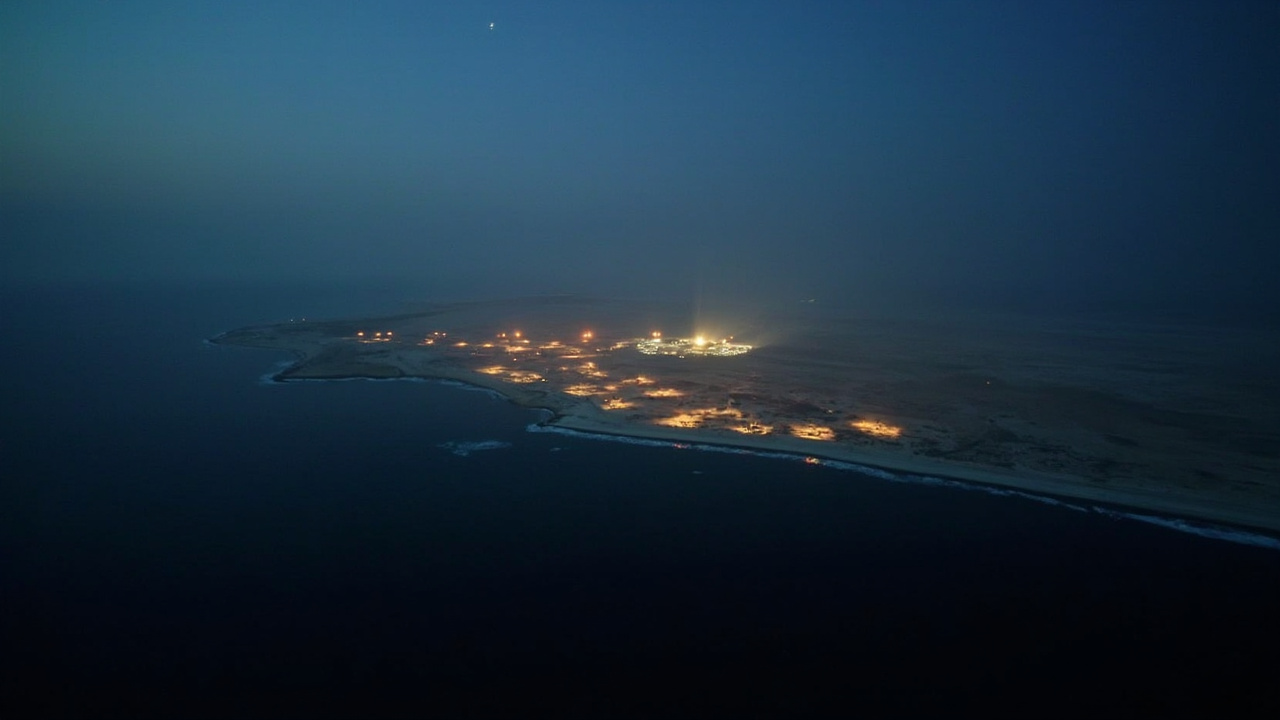 Aerial view of Bushehr Nuclear Power Plant on the Persian Gulf coast at dusk, emergency lights visible on the perimeter