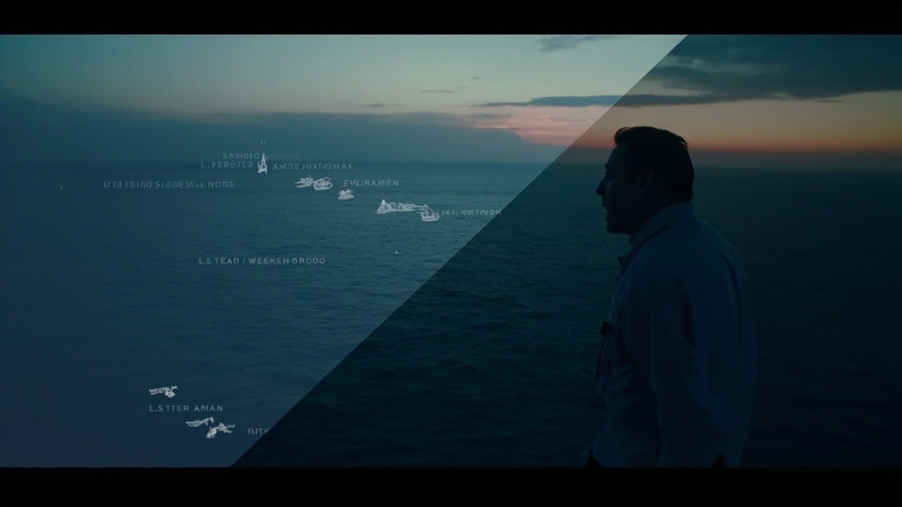 Split-screen map of the Persian Gulf showing U.S. naval positions and the Strait of Hormuz chokepoint at dusk