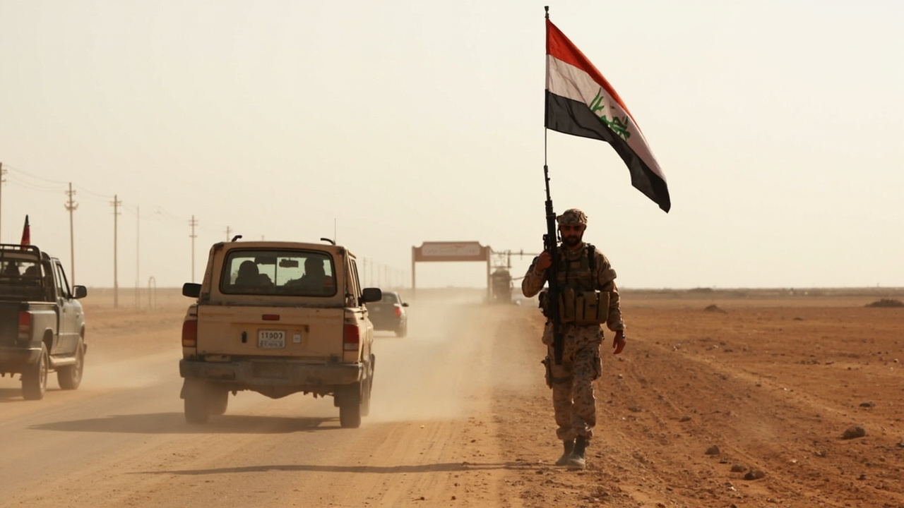 Iraqi Popular Mobilization Forces fighters at a checkpoint on a dusty road, vehicles and flag visible, flat desert landscape