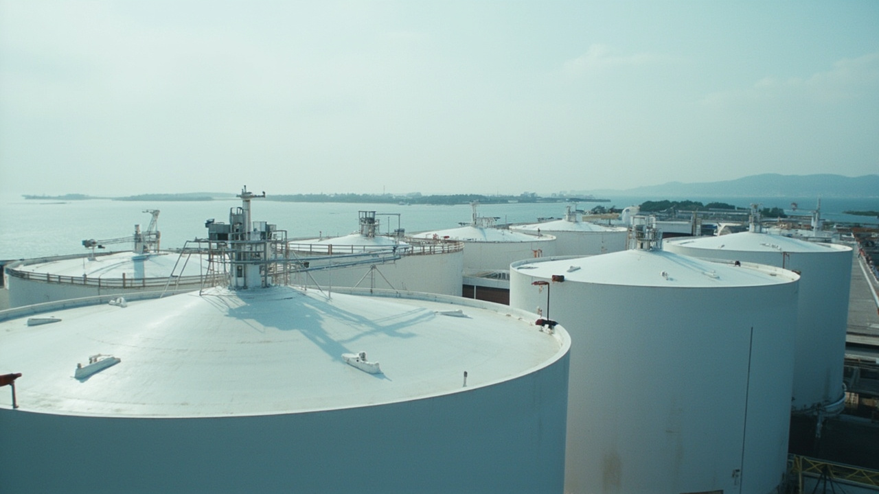 Row of massive white cylindrical oil storage tanks at a Japanese coastal petroleum reserve facility, with tanker ships visible in the harbor beyond