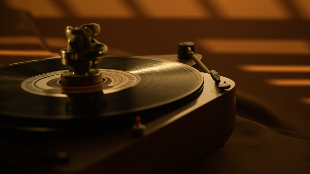 A vinyl record spinning on a turntable with warm amber light casting long shadows across a wooden surface