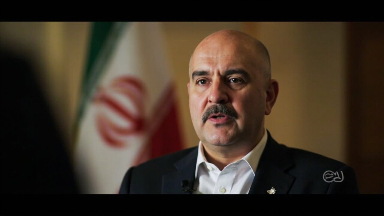 Iranian Foreign Minister Abbas Araghchi speaking to state television, expression stern, against backdrop of Iranian flag