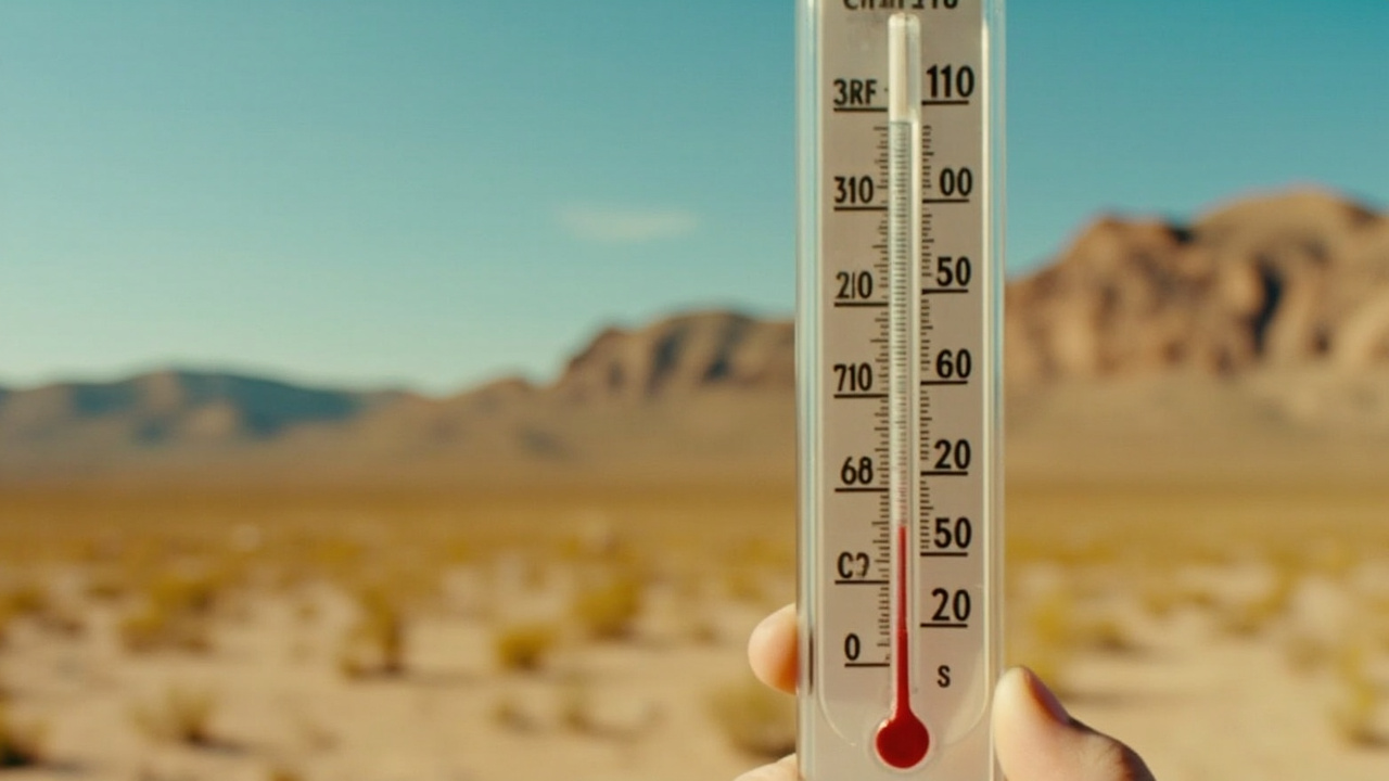 Thermometer reading above 110 degrees Fahrenheit in a desert landscape with brown mountains