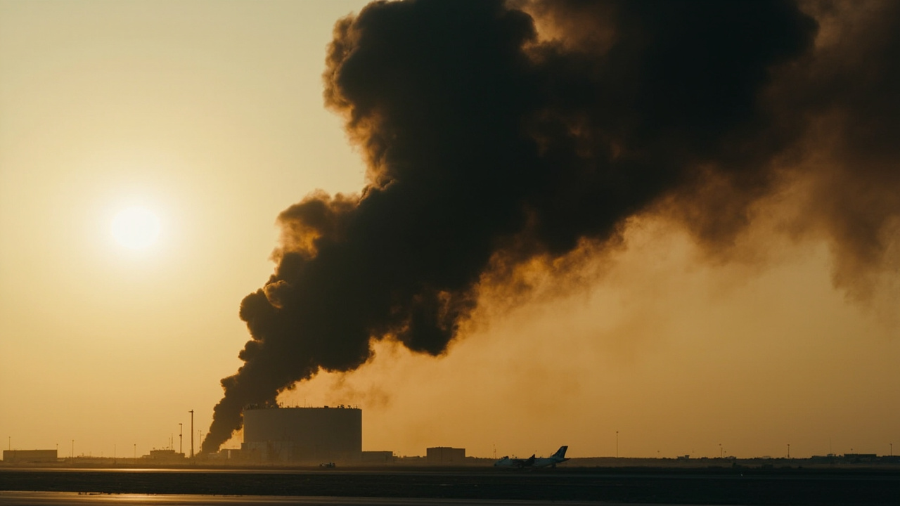 A thick column of black smoke rising from a fuel storage facility next to airport runways under a dusty desert sky