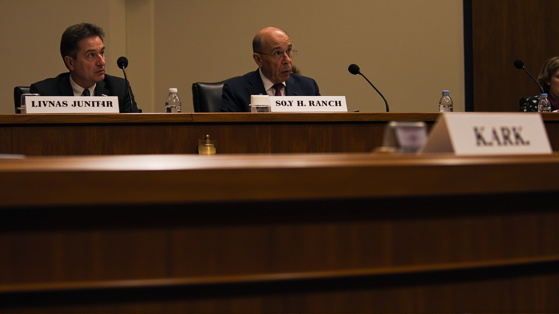An empty congressional hearing room, microphones on the dais, nameplates visible, no one seated, institutional emptiness