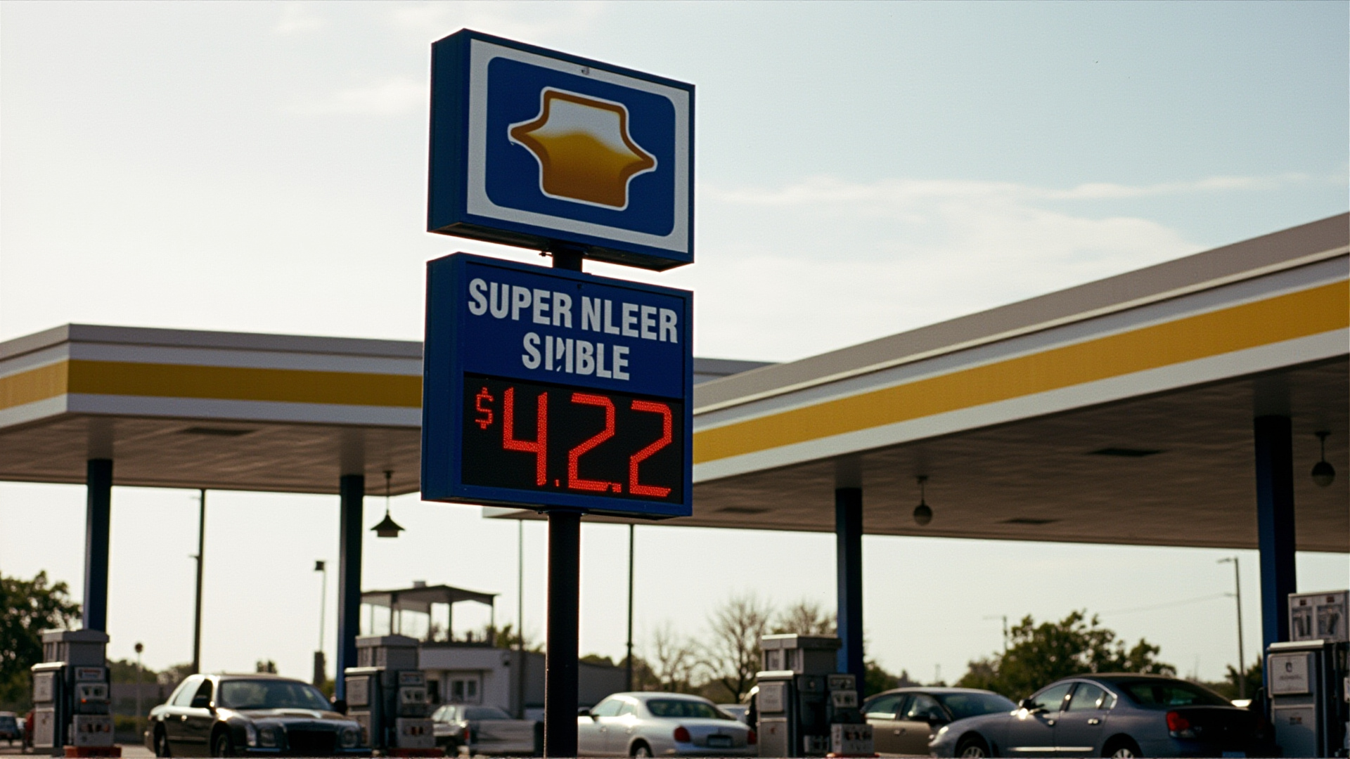 A gas station price sign showing $4.22 per gallon, clear sky behind, cars queued at pumps