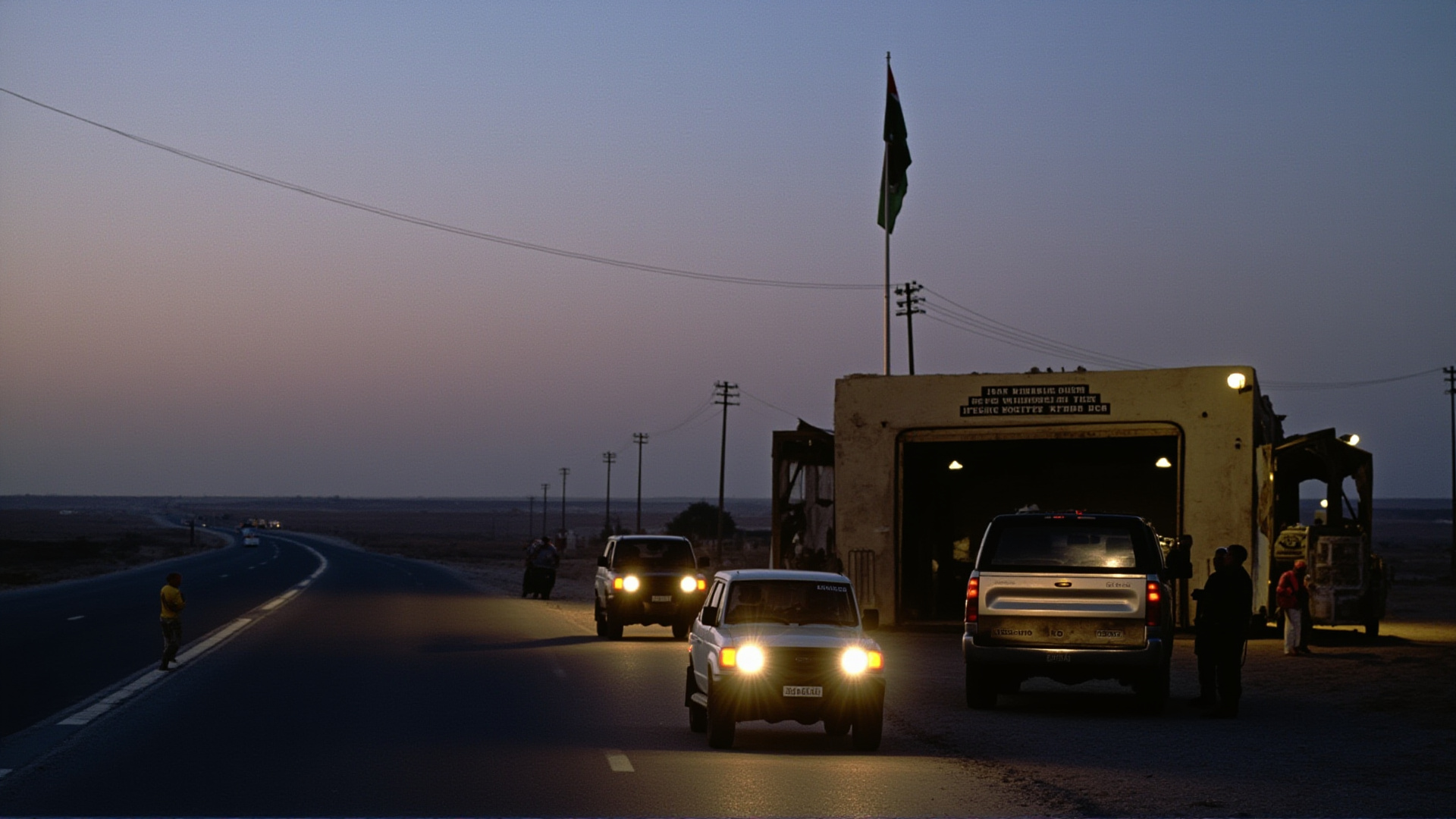 An Iraqi checkpoint at dusk, armed vehicles, a flag flying, desert road stretching into the distance