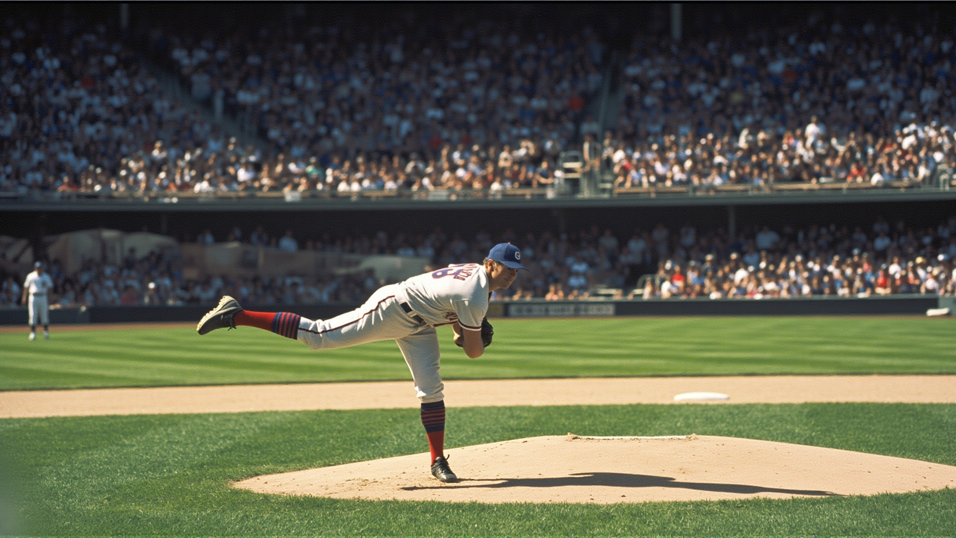 A baseball pitcher mid-delivery on a pristine opening day mound, packed stadium, bunting on the railings, afternoon sunlight, classic Americana