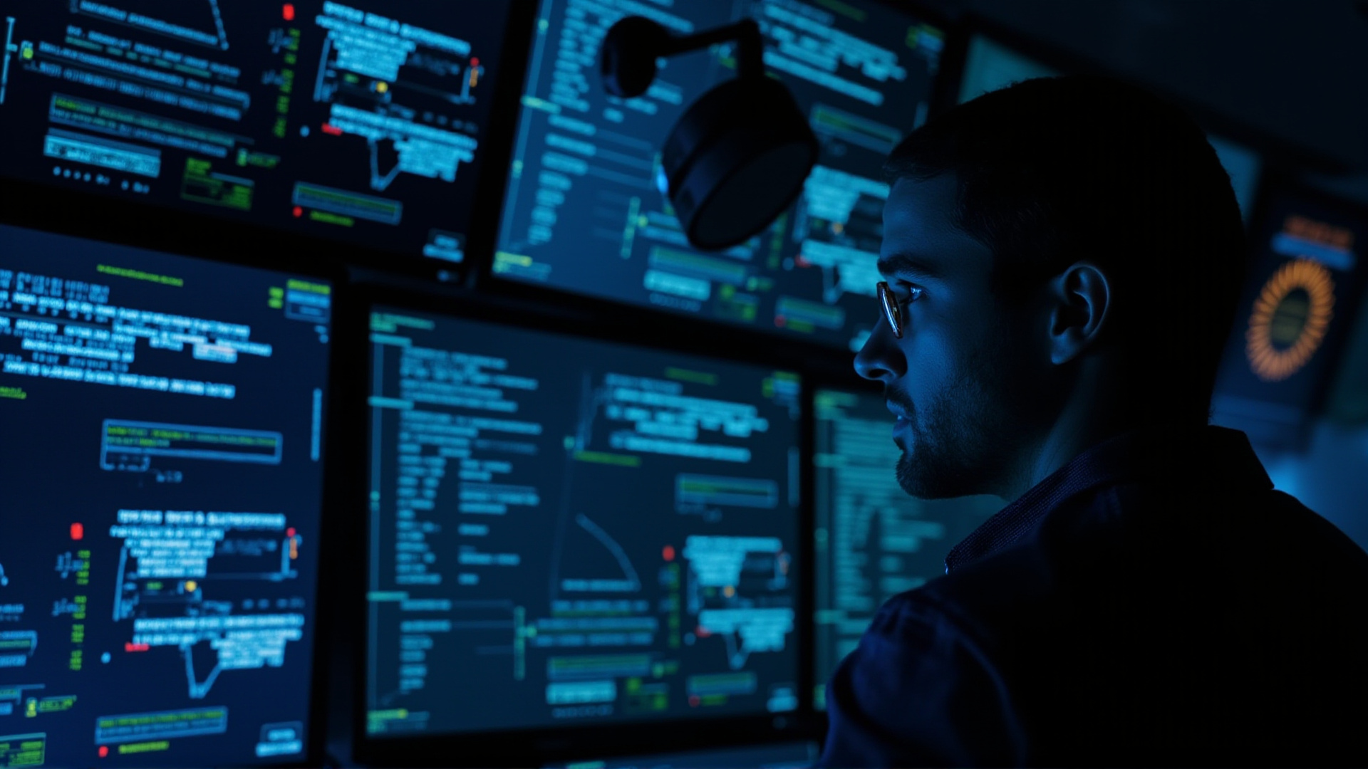 A cybersecurity operations center, multiple screens showing code and threat maps, blue light, focused analysts