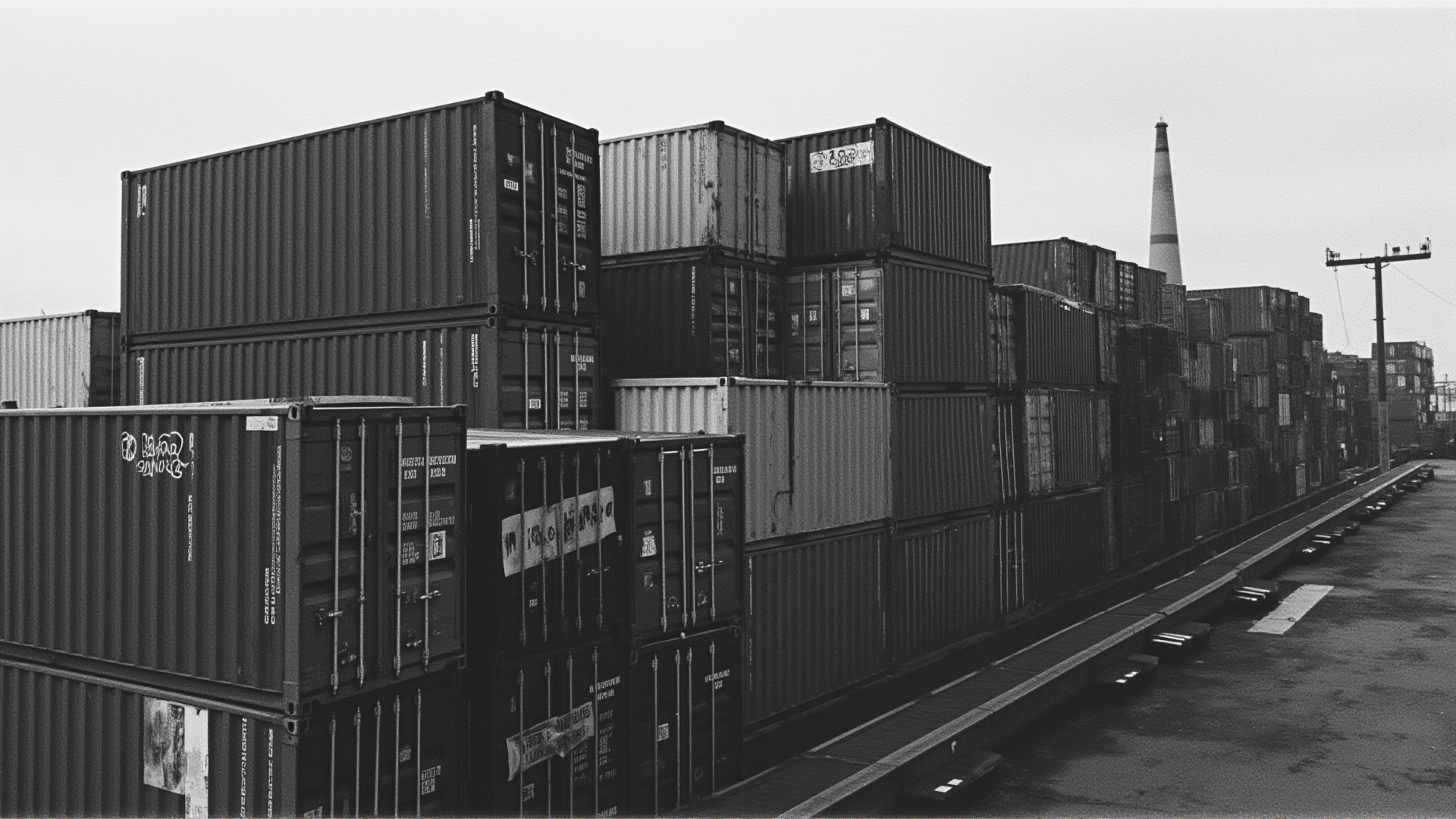 Shipping containers stacked at a port, customs stamps visible, overcast industrial waterfront
