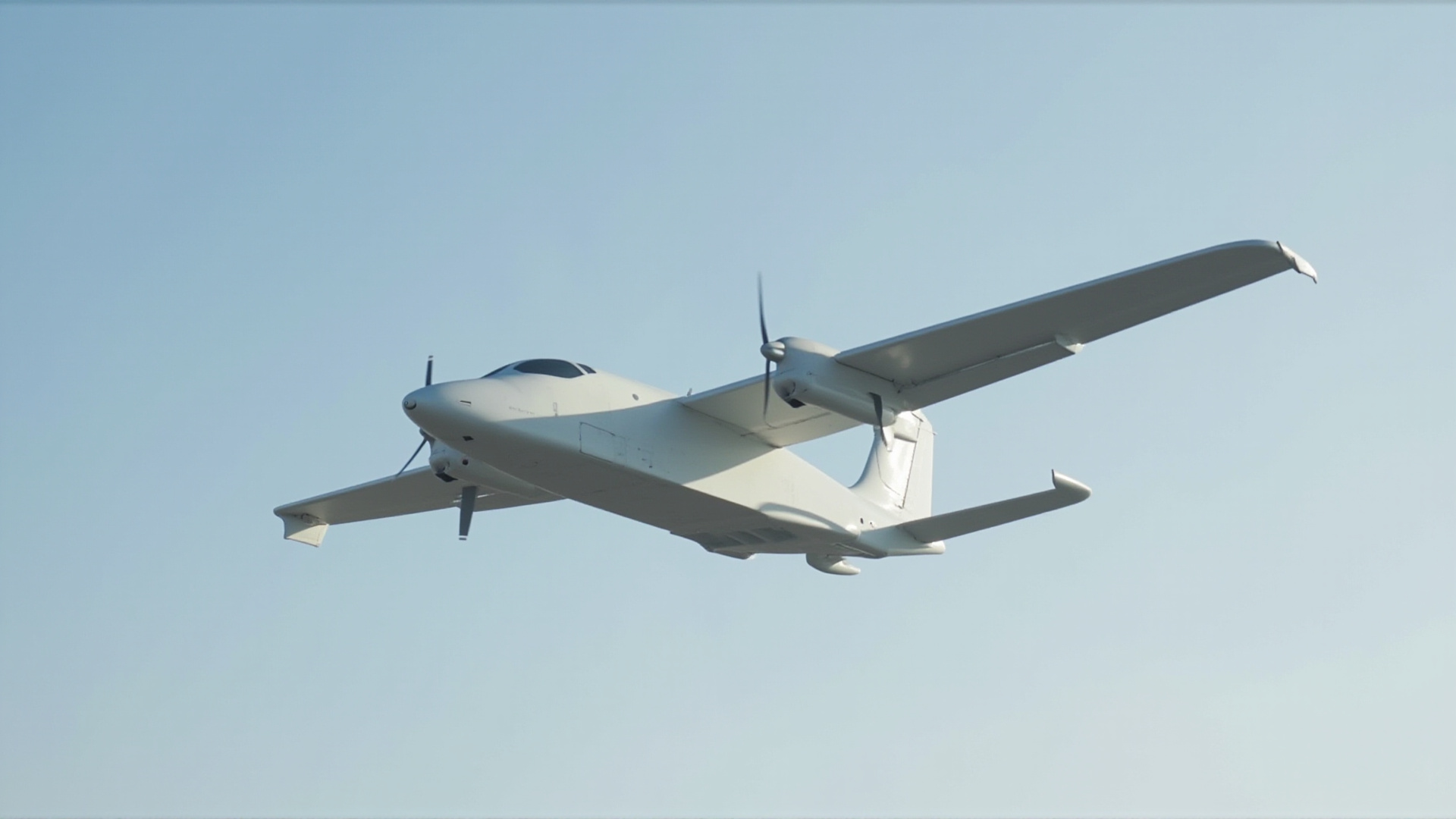 An electric vertical takeoff aircraft in flight against a clear sky, sleek white design, propellers tilted for cruise, futuristic transportation