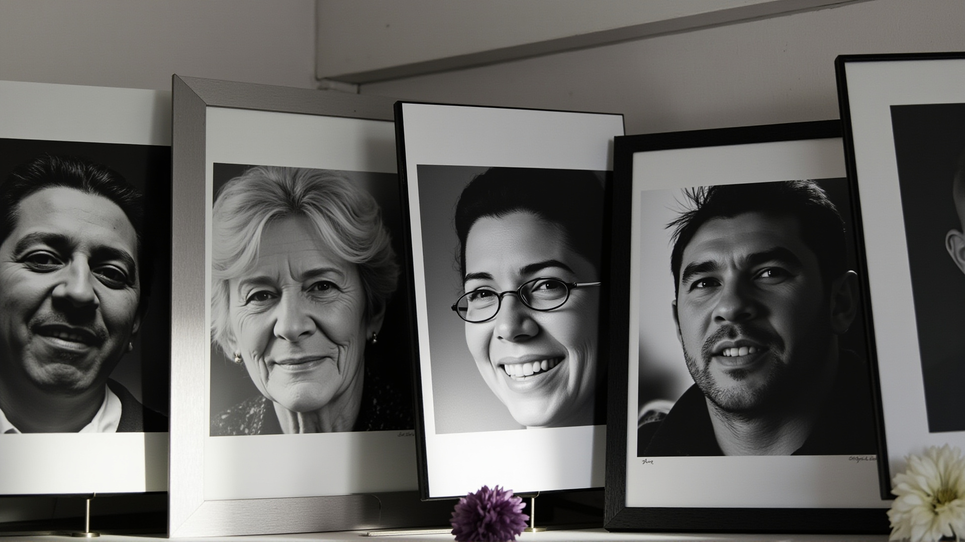 Four framed black-and-white portrait photographs on a shelf, flowers beside them, soft memorial light