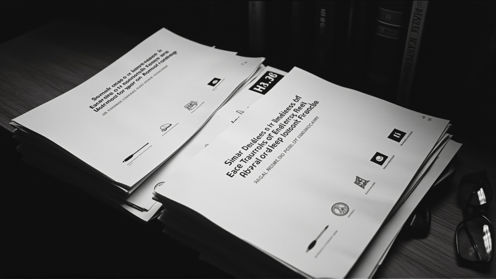 Three thick research reports stacked on a desk, each with a different institutional logo, a pen and reading glasses beside them, library atmosphere