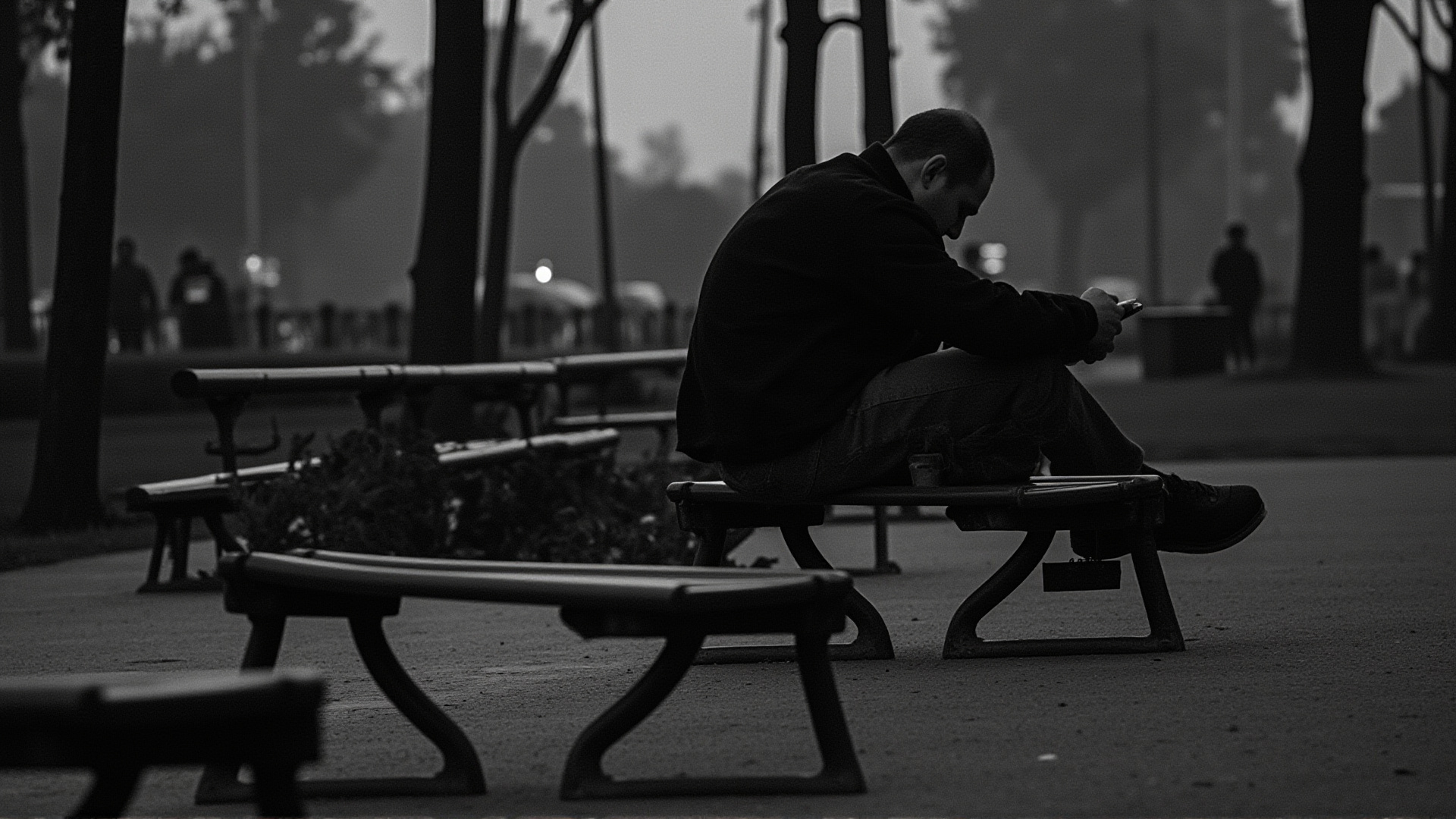 A person sitting alone on a park bench looking at their phone, urban backdrop, soft overcast light, emotional isolation amid public space
