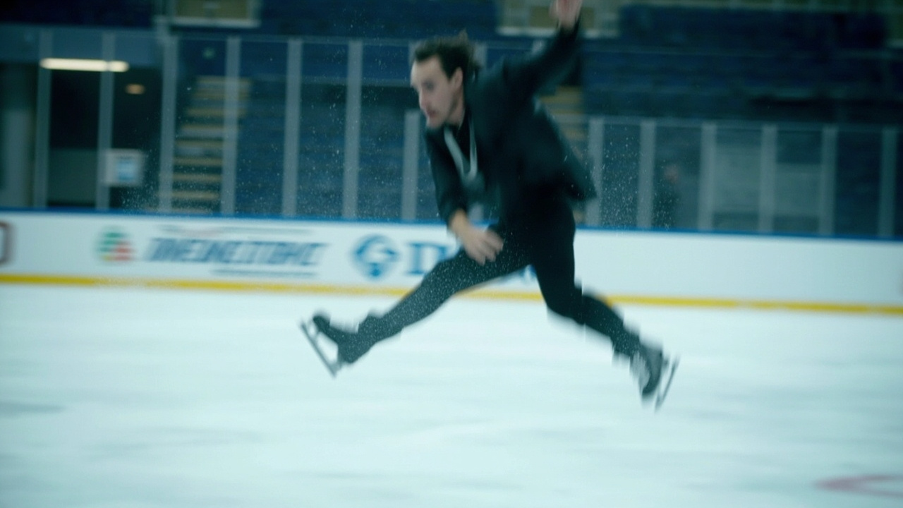 Figure skater in mid-jump, captured motion suggesting rotation, sharp focus, ice crystals visible