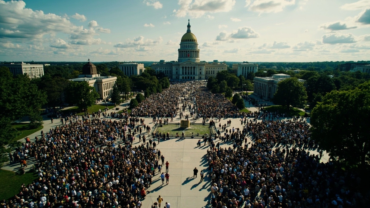 Aerial view of Minnesota State Capitol grounds filled with protesters at the No Kings rally in St. Paul