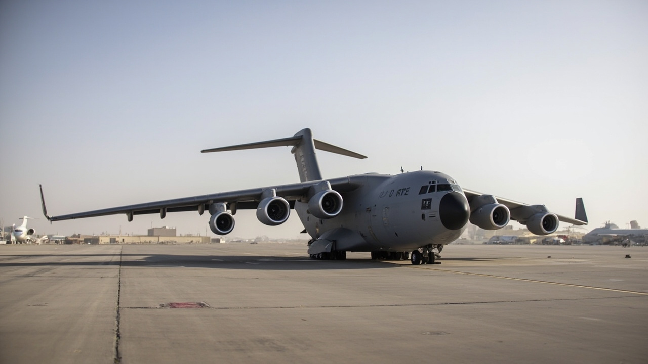 US military transport aircraft on a tarmac in the Middle East during a deployment operation