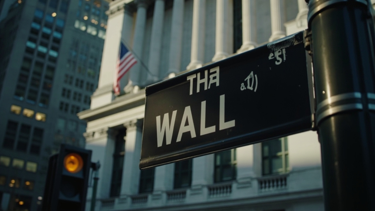 Wall Street signage with New York Stock Exchange in background