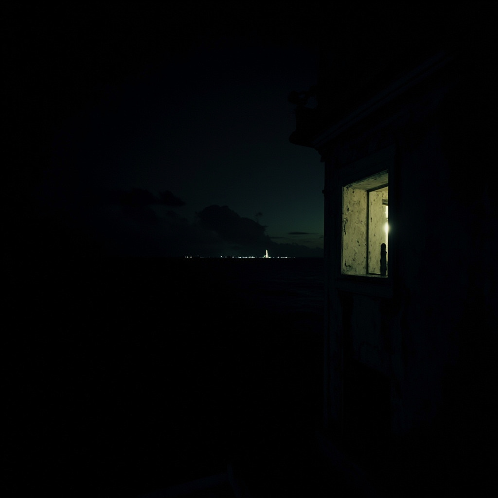 Aerial view of a darkened Havana neighborhood at night, a single generator light visible from a hospital roof, the Malecon shoreline faintly illuminated by moonlight