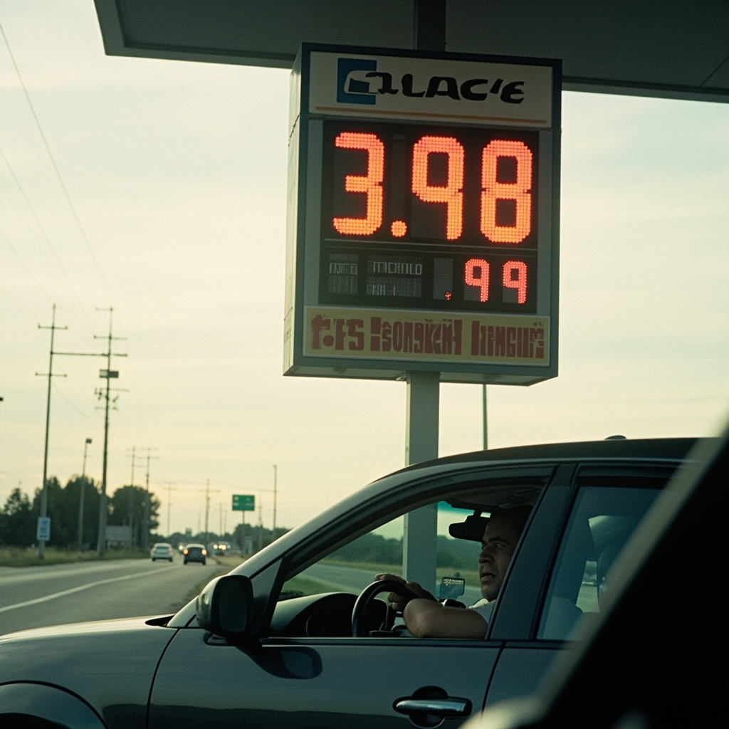 A gas station price sign showing regular unleaded at $3.98 per gallon, photographed at dawn with an American flag hanging limply from a pole in the background, empty pump lanes