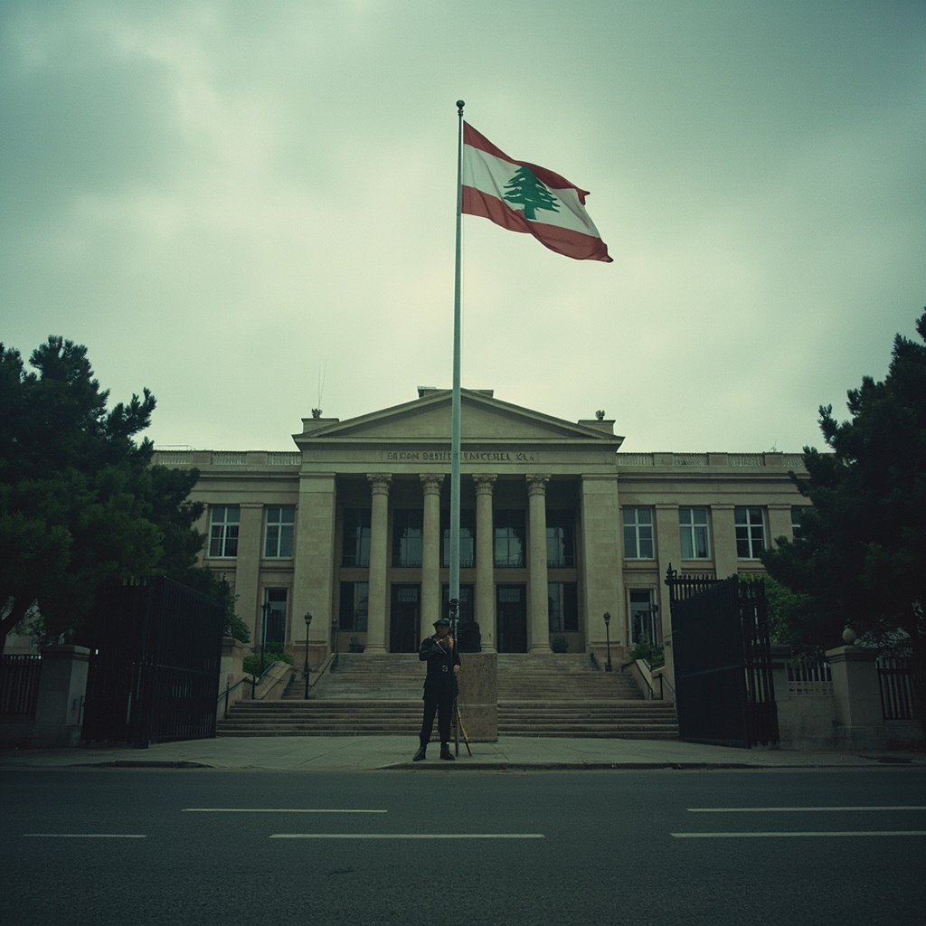 The Lebanese Foreign Ministry building in Beirut at dawn, a cedar flag hanging limply in still air, empty street, a single security guard at the gate