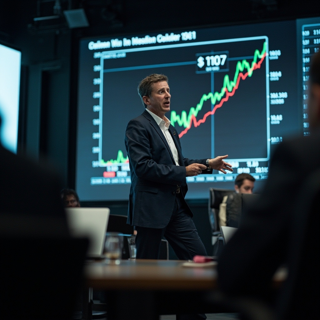 A financial analyst's desk with multiple screens showing oil price charts, a printed report visible, office lighting, late evening
