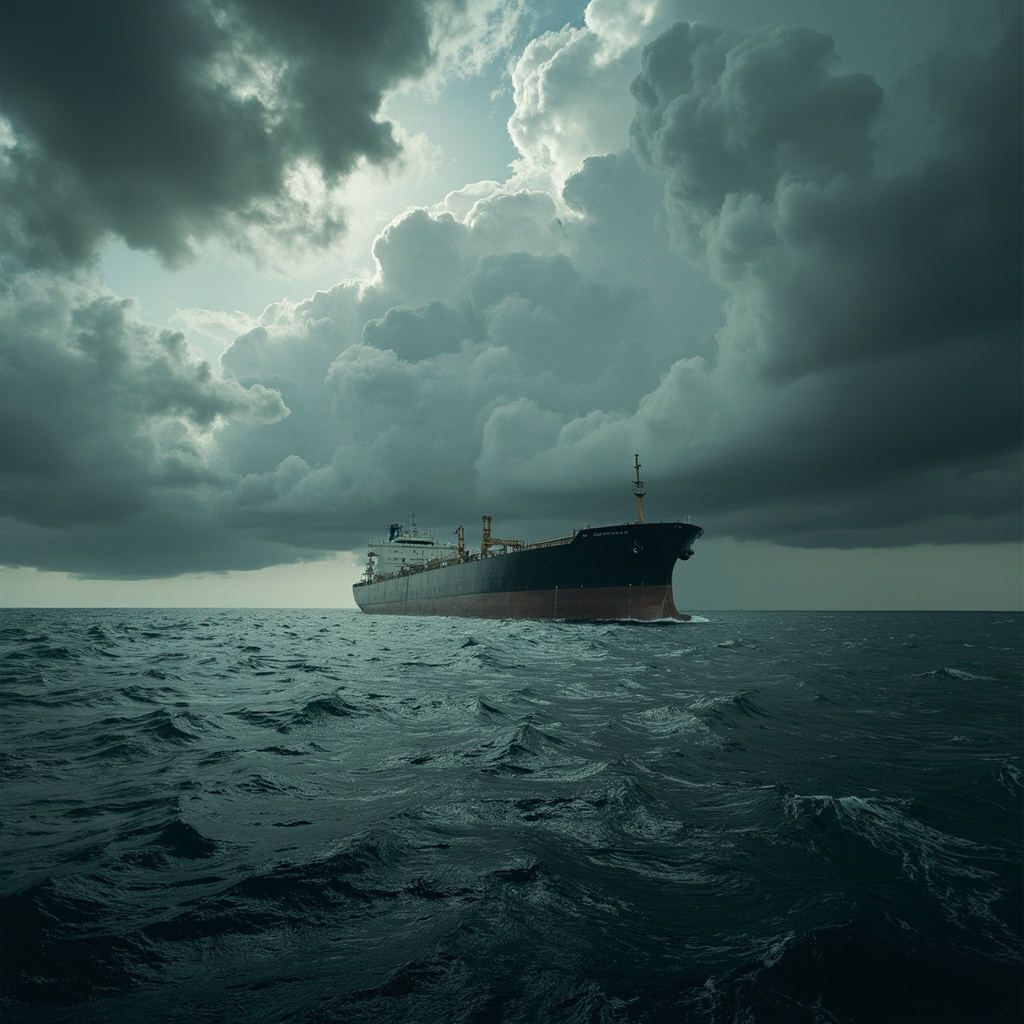A North Sea oil platform at dusk with tanker vessel passing in the background, price ticker overlay showing Brent near $107, amber light on metal structures