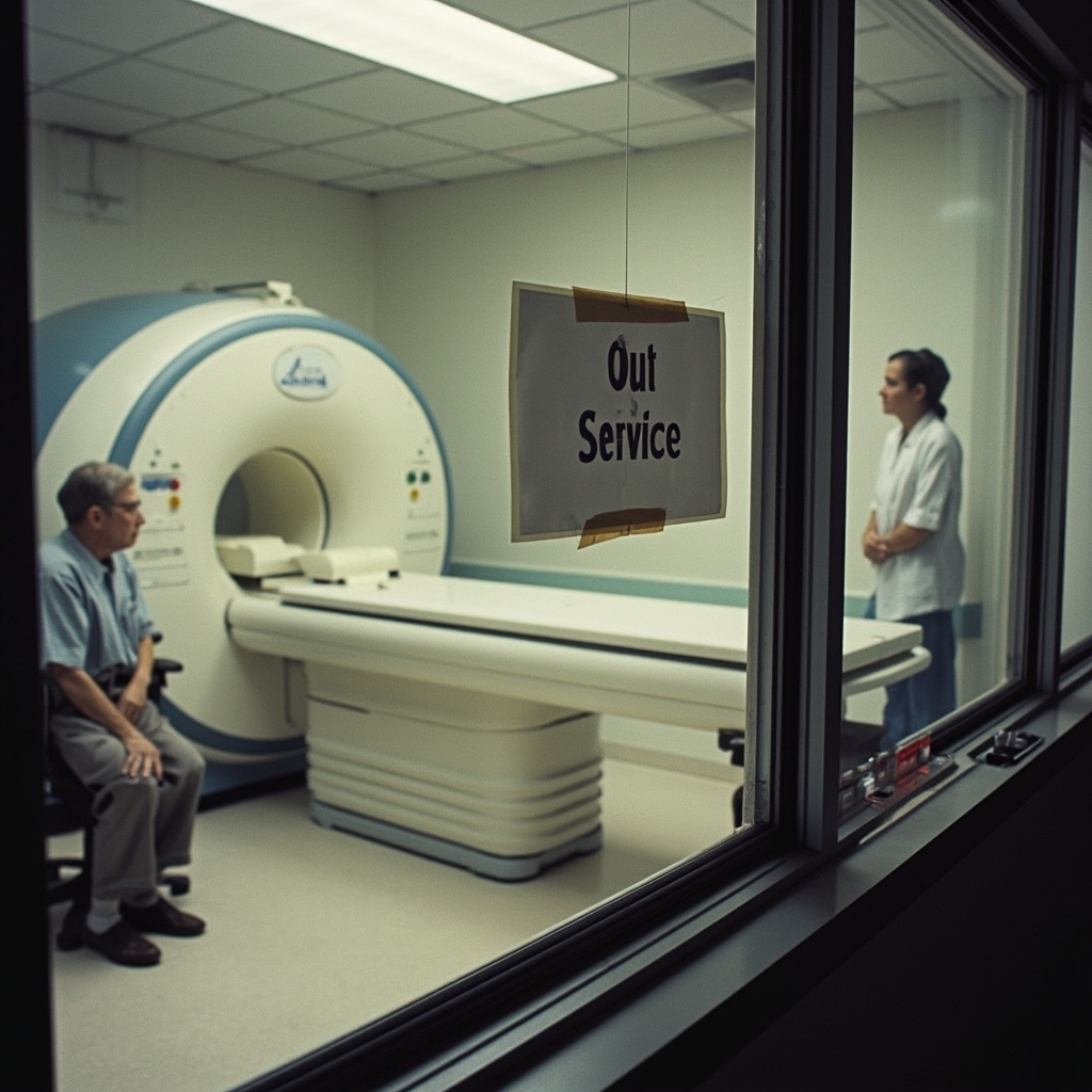 Hospital MRI machine in empty scanning room with an out-of-service sign taped to the entrance, fluorescent lights casting a clinical glow